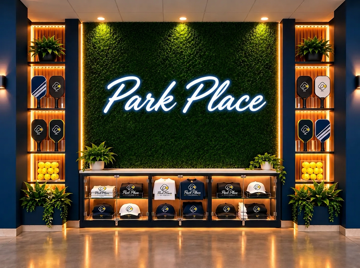 The PARK PLACE pickleball pro shop with a green plant wall, an illuminated Park Place sign, and paddles and balls on display
